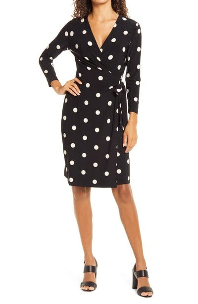 Anne Klein ANNE BLACK/ANNE WHITE Nomad Polka Dot Faux-Wrap Dress, US M –  Racks Offprice